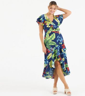 Zibi London Blue Tropical Print Midi Wrap Dress | New Look